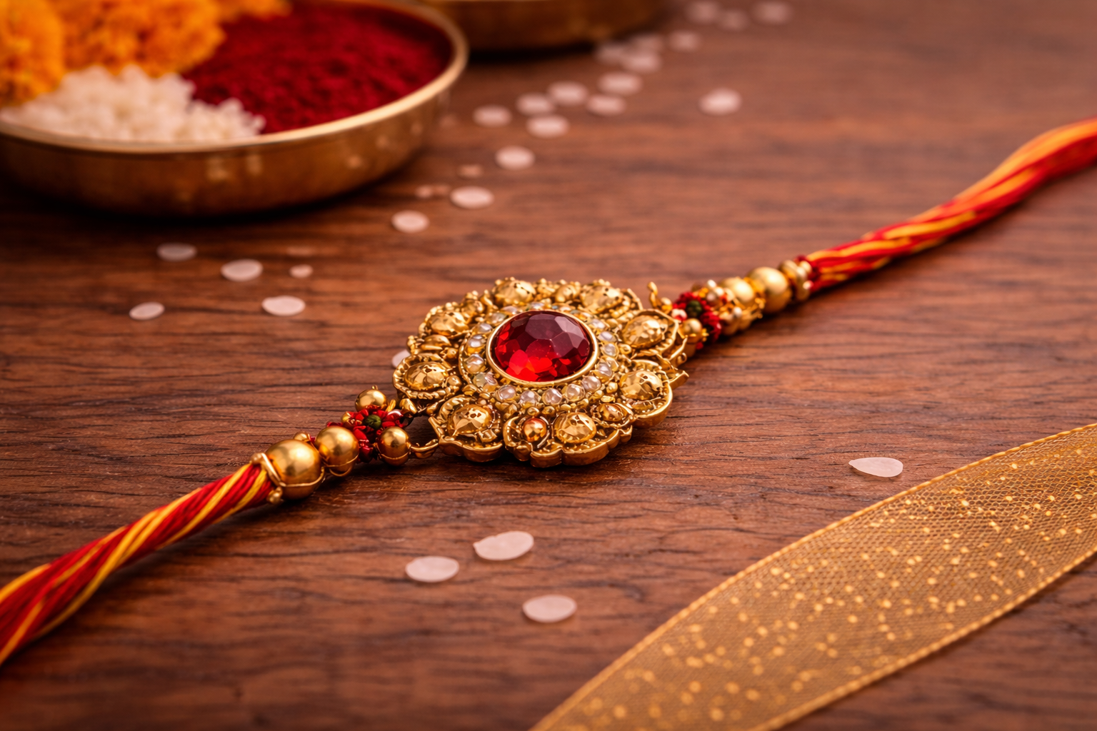 Designer rakhi with red gemstone centerpiece and intricate gold detailing placed on wooden background with kumkum and rice.