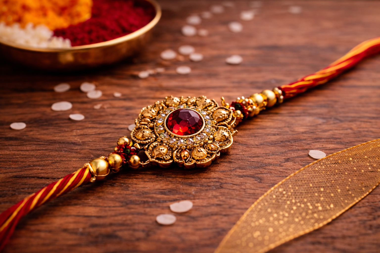 Designer rakhi with red gemstone centerpiece and intricate gold detailing placed on wooden background with kumkum and rice.