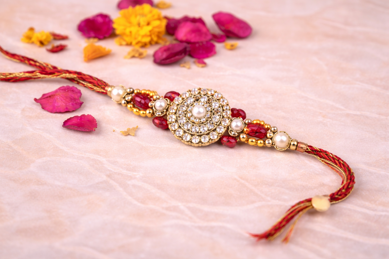 Luxury Raksha Bandhan gift hamper with designer rakhi, chocolates, dry fruits, sweets, and festive gift items arranged in an orange gift box.