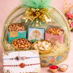 Elegant Rakhi hamper with decorative net basket packaging, designer rakhis, festive gift items, and roli chawal set.