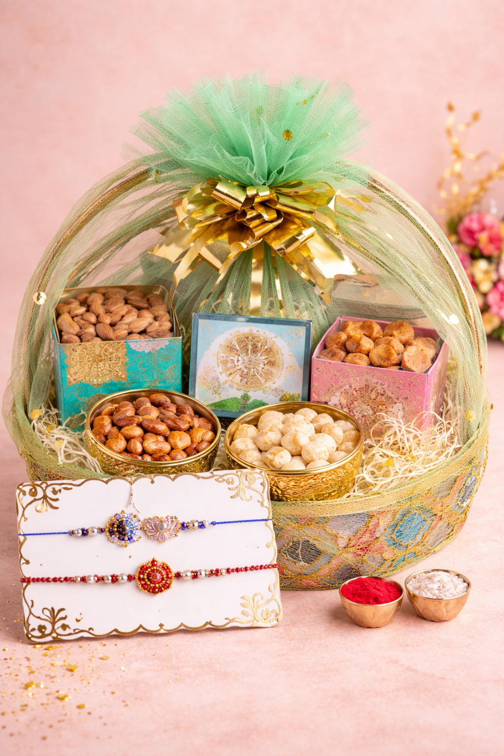 Elegant Rakhi hamper with decorative net basket packaging, designer rakhis, festive gift items, and roli chawal set.