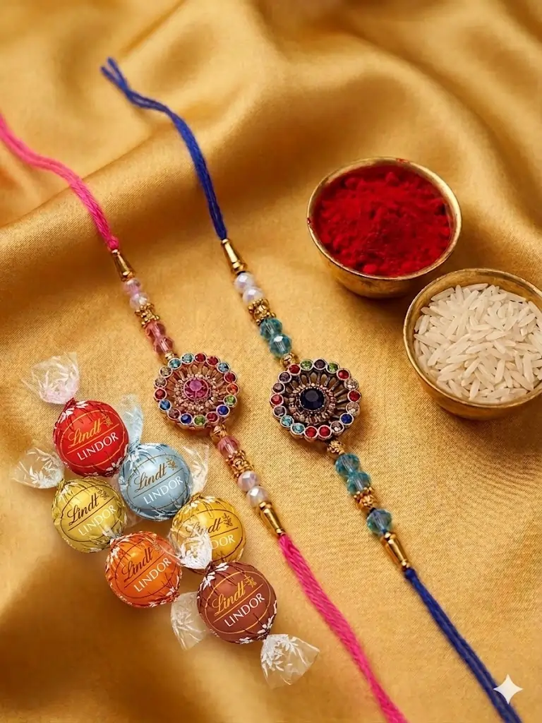 Designer Multicolor Rakhi Pair with Chocolates (