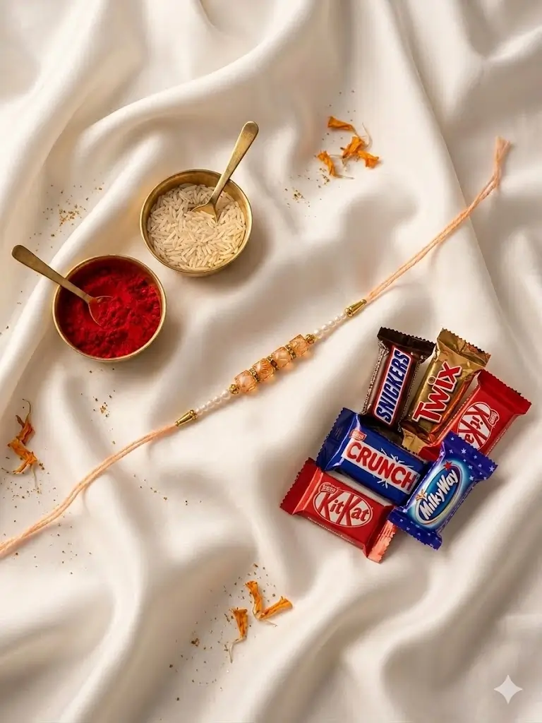 Orange Pearl Rakhi with Chocolates Gift Combo
