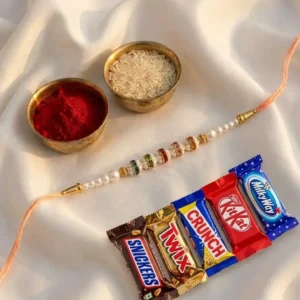 Premium White Pearl Rakhi with Roli Chawal & 5 Chocolates