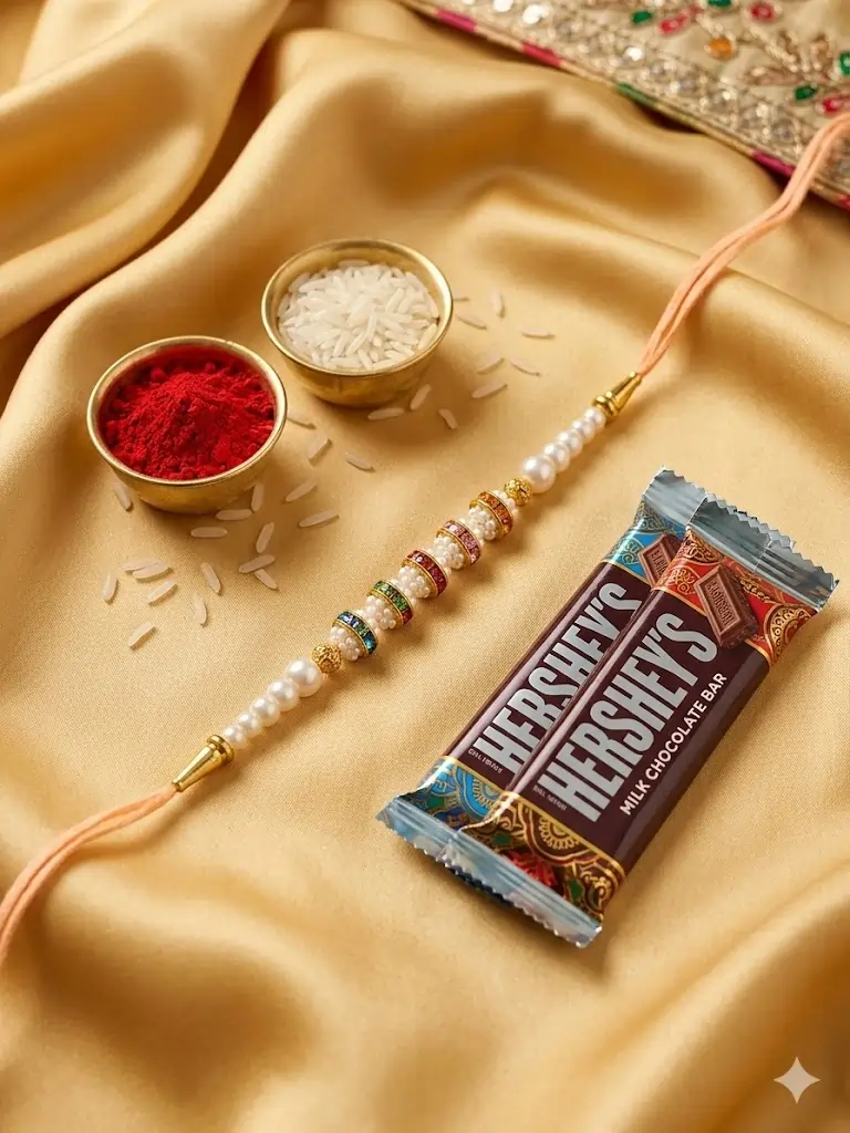 White Pearl Rakhi with HERSHEY’S Chocolates (