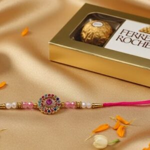 Pink-stone-rakhi-with-chocolates