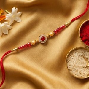 Online-Red-Rubi-Single-Stone-Rakhi – Elegant-Red-Stone Designer Rakhi for Brother