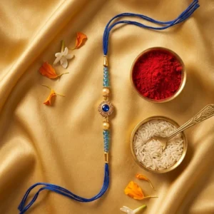 Blue Sapphire Pearl Single Rakhi – Designer Blue Stone Rakhi with Pearls