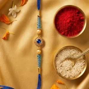 Blue-Sapphire-Pearl-Single-Rakhi–Designer-Blue-Stone-Rakhi-with-Pearls