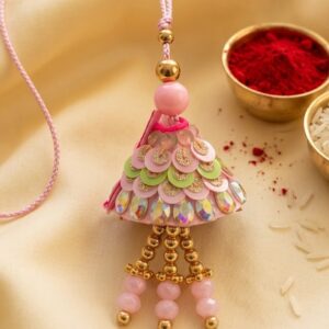 Elegant-Pink-Lumba-Rakhi-with-Beaded-Tassels-Roli-Chawal-Set