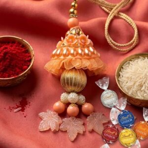 Peach-lumba-rakhi-with-Lindor-Truffle-Combo-multicolor