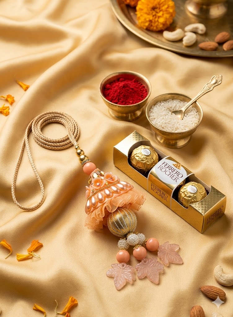 Peach Lumba Rakhi with Ferrero Rocher Chocolate