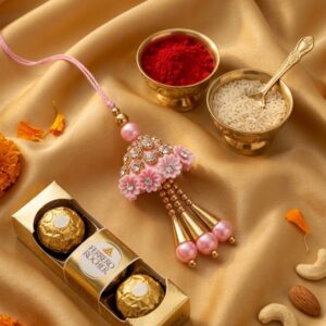 Pink Lumba Rakhi with Ferrero Rocher Chocolate & Roli Chawal for Bhabhi | Designer Bhaiya Bhabhi Rakhi Gift Set